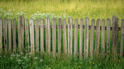 Fototapeta premium Rustic Wooden Fence in a Verdant Meadow