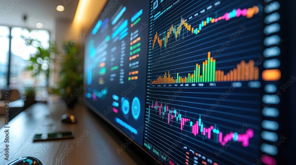Poster analyzing stock market trends office space data visualization tech environment close-up view financi