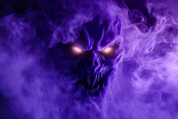 Dark purple smoky figure with menacing expression and glowing eyes emerges from shadows in a mystical environment