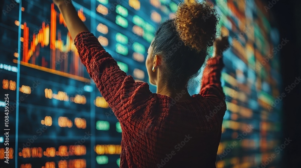 Poster analyzing financial trends trading floor digital data visualization high-tech environment dynamic pe