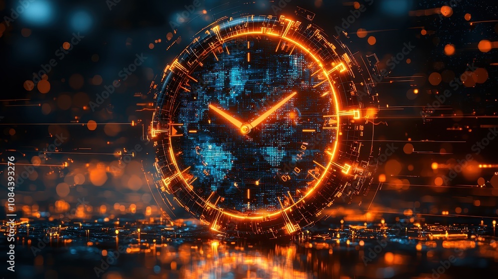 Poster digital clock representation virtual space graphic design futuristic environment abstract view time 