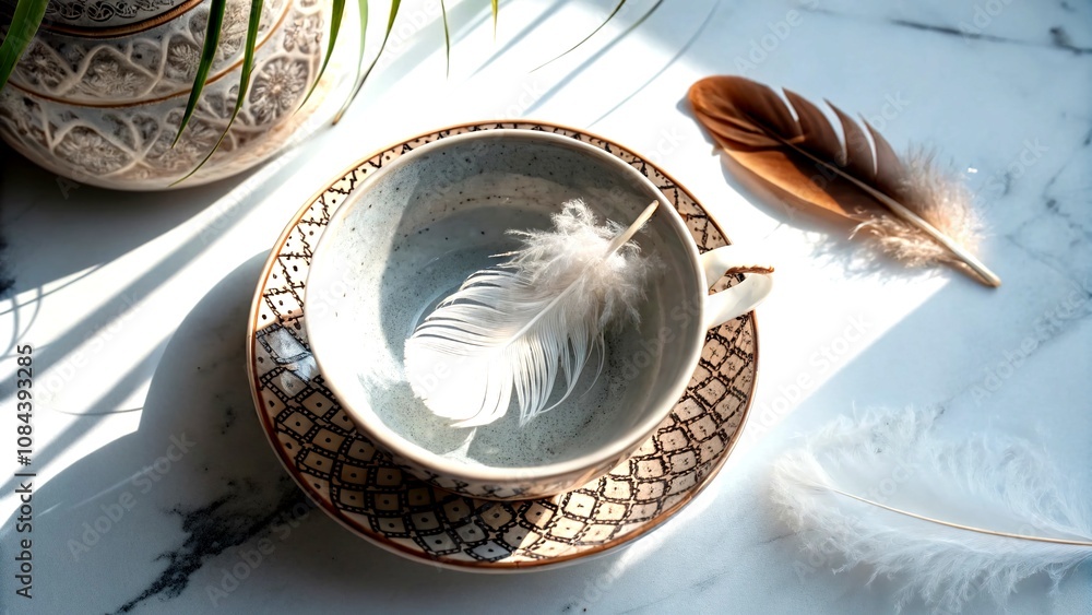 Poster aerial perspective of a delicate feather nestled in a cup surrounded by soft textures and natural li
