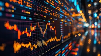Fototapeta premium Analyzing stock market trends financial district data visualization urban environment close-up view investment insights