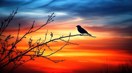 A silhouetted bird perched on a branch against a vibrant sunset sky.