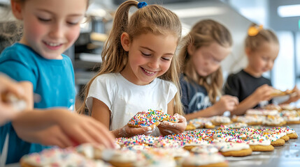 Fun baking event for kids community kitchen culinary activity bright environment close-up view creativity and joy in baking delicious donuts with sprinkles