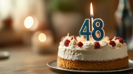 Celebratory birthday cake with a glowing candle for 48th year