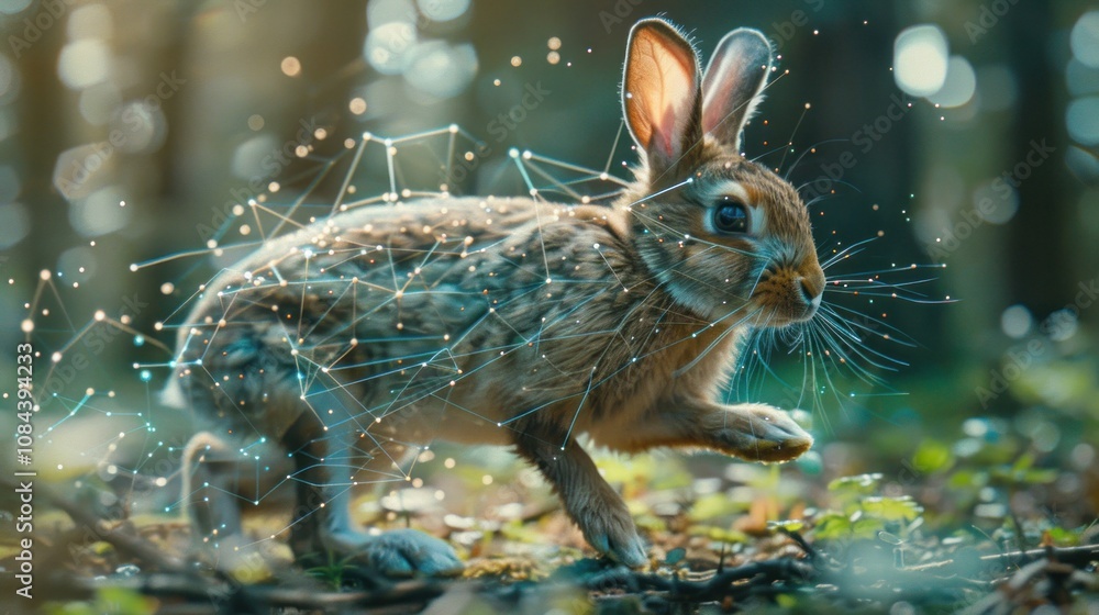 Poster a brown rabbit with long ears walks through a forest with a digital network overlay.