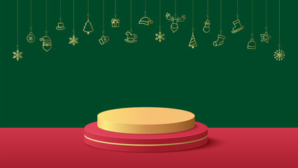 Red and yellow podium for product display presentation with christmas ornament. Podium platform to show product on green background. Merry Christmas background