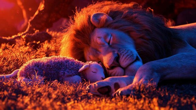 A lion and a lamb peacefully sleeping side by side in a serene meadow, symbolizing the fulfillment of Jesus Christ's prophecy of harmony and peace in the kingdom of God..
Bible Christian faith God.