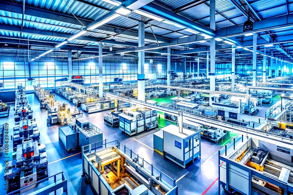 Poster aerial view of a cutting-edge modern electronics manufacturing facility showcasing advanced robotics