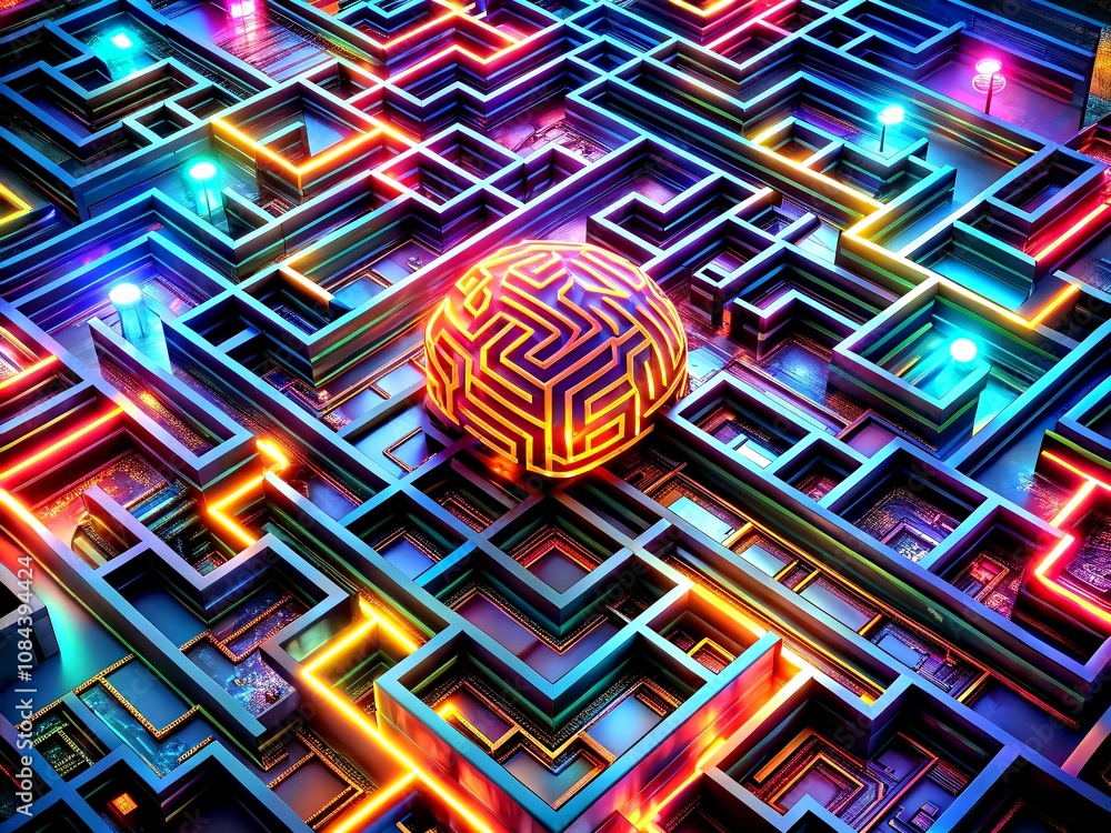 Poster aerial view of a cyberbrain maze puzzle design with intricate pathways and vibrant colors, perfect f