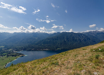 Lake in the mountains. Bohinj lake. Triglav National Park, Slovenia.