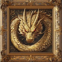 Golden dragon with red eyes displayed in ornate frame against a dark background emphasizing its majestic features and detailing