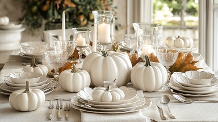White pumpkins and candles on a white tablecloth for a fall dinner party.