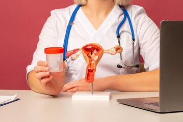 woman doctor hand hold test tube sits in her office with anatomical model of female reproductive system on desk