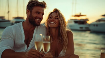 A joyful couple enjoys a celebratory moment with champagne in hand, set against a romantic ocean backdrop with moored yachts and a mesmerizing sunset, symbolizing love.