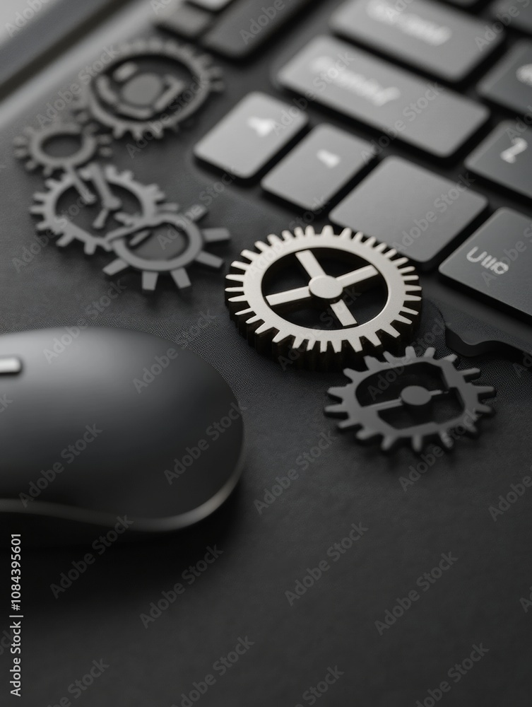 Fototapete a keyboard features a mouse and gear overlay, symbolizing the integration of technology in everyday 
