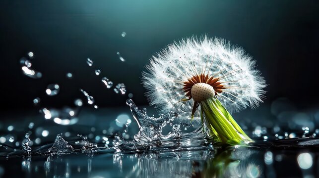 An artistic shot of a dandelion surrounded by splashing water, showcasing the interaction of elements, representing energy and the fluidity of life and nature.