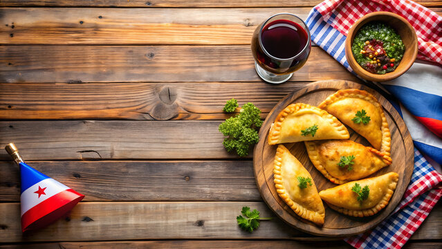 Chilean independence day. Baked empanadas with red wine on a wooden background. Decoration for 18 september party day, wooden background, top view