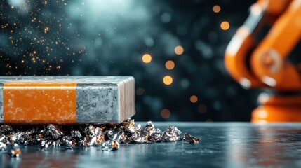 A unique silver and orange box rests on a table, surrounded by shiny metal fragments, with a robotic arm subtly visible, highlighting power and precision imagery.