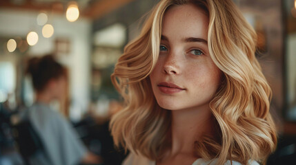 Obraz premium A professional beautician applies the finishing touches to a model's elegant hair, creating a modern and stylish look