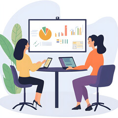 Two businesswomen engaged in meeting, analyzing digital charts and graphs on screen, using laptops and tablets in modern office setting