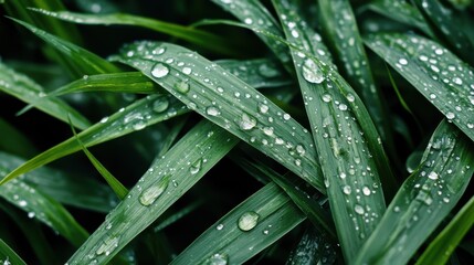 A close-up view of lush green grass covered with fresh water droplets, capturing the serene beauty and freshness of nature after rainfall in a vivid manner.