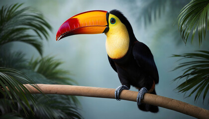 Obraz premium A vibrant toucan with a striking beak resting on a branch, surrounded by lush greenery. Represents the beauty of tropical regions and wildlife diversity.