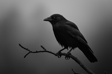 Fototapeta premium A lone crow perches on a bare branch, silhouetted against a misty, mysterious background in this atmospheric image.