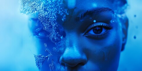 Fototapeta premium A blue-toned portrait of a person submerged in water, creating an ethereal and abstract visual effect.