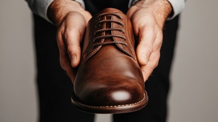A person holds a polished brown leather shoe with both hands, highlighting the craftsmanship and quality of the footwear in a professional-like setting.