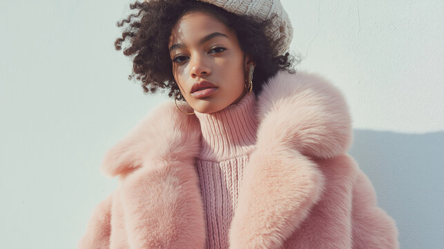 A luxurious faux fur coat in soft blush, worn over a ribbed turtleneck sweater, paired with a chunky knit scarf and a beret.