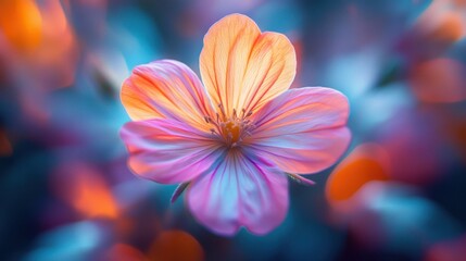 Close-up of a Primrose bloom in sharp focus, set against a super-pixelated, dizzy background of swirling vibrant colors.
