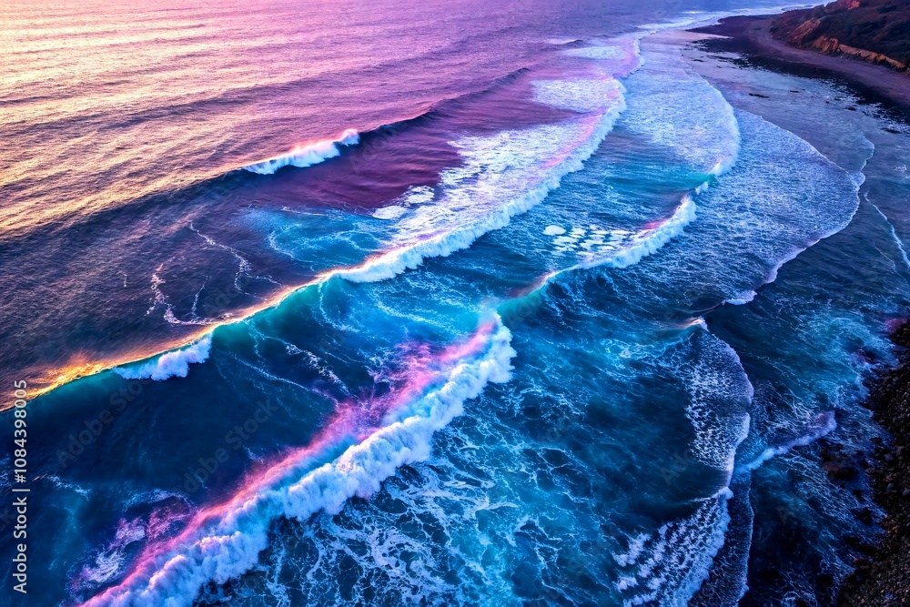 Poster aerial view of electric blue and purple waves merging in a psychedelic display of colorful patterns 