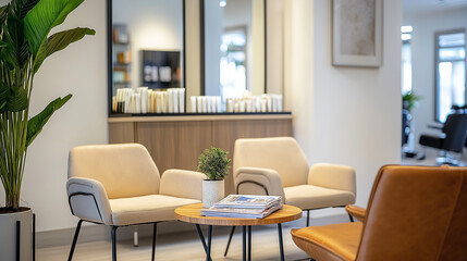 A modern salon waiting area with comfortable chairs, a small coffee table with magazines, and large mirrors, set in a bright and stylish salon.