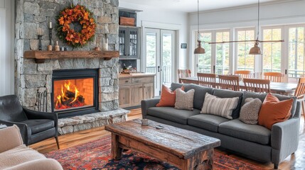 Cozy Living Room with Fireplace and Rustic Furniture