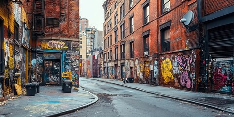 Naklejka premium Urban alleyway featuring colorful graffiti on brick walls and a deserted street.