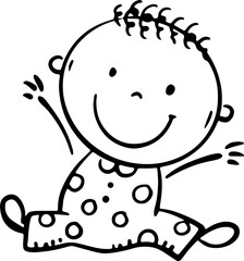 Cute cheerfully infant, happy cartoon baby. Black and white vector illustration