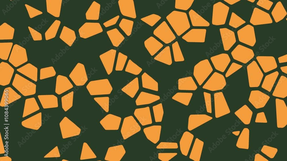 Poster dynamic animation of orange polygonal fragments breaking apart on a dark green background. seamless 