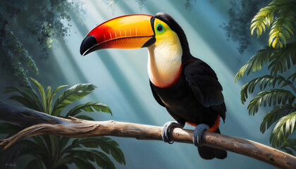 Obraz premium A colorful toucan rests on a branch surrounded by vibrant green plants, with rays of sunlight filtering through the tropical rainforest, capturing nature's beauty.