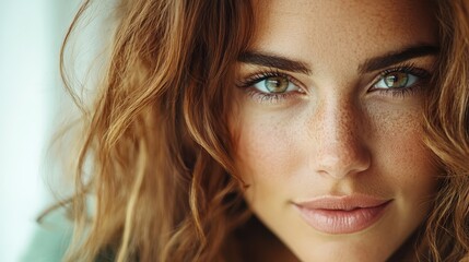 Obraz premium The image captures a close-up portrait of a woman with beautiful green eyes, freckles, and wavy brown hair, conveying a sense of natural beauty and confidence.