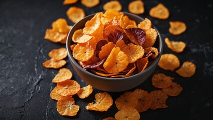 Colorful assortment of dried fruit chips in a rustic bowl on a textured dark surface