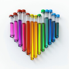 Colorful test tubes arranged in a heart shape on white background