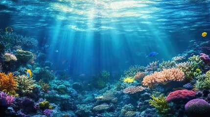 Obraz premium Vibrant underwater scene showcasing coral reefs and marine life illuminated by sunlight.