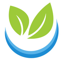 two green leaves above a blue curved line, forming an abstract logo. The background is white. The concept represents eco-friendliness, hydroponic gardening, and sustainability. Vector illustration