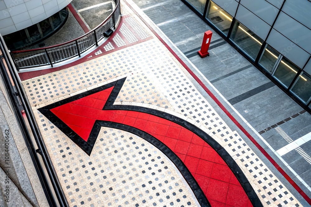 Poster architectural photography of a red curved arrow with black outline set against a dotted background, 