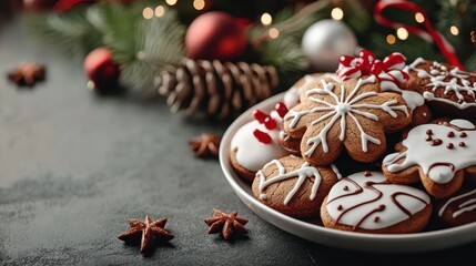 A delightful plate of festive cookies is decorated with intricate white icing designs, set against a warm holiday backdrop with pinecones and twinkling lights.