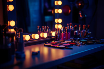 Makeup room in neon light. Make-up table