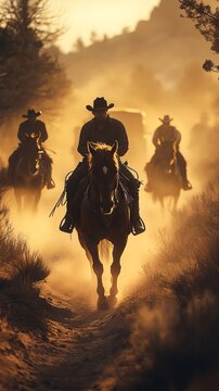 Open on a dusty trail in the Old West. A line of wagons train moves slowly kicking up clouds of dirt. In the lead wagon, two cowboys sit atop their horses, looking up ahead at a rugged,