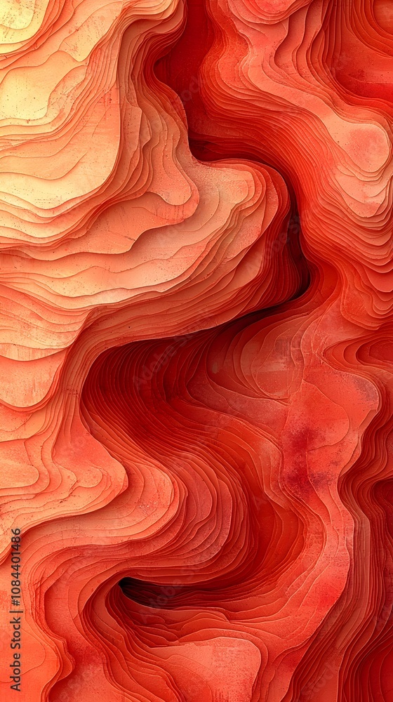 Poster An abstract representation of flowing red and orange layers, reminiscent of natural formations. The smooth, wavy lines create a sense of depth and movement.
